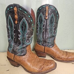 Ariat Smooth Ostrich Western Cowboy Boots with Teal Stitching